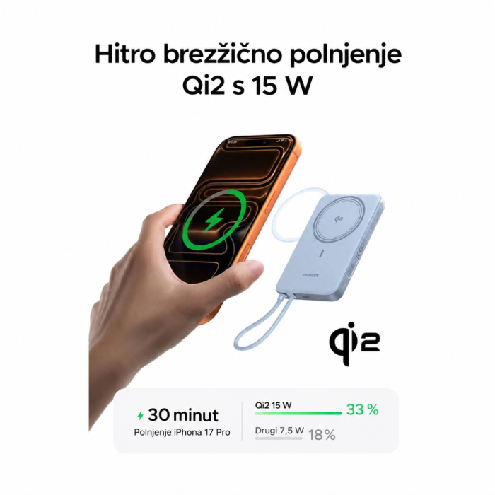 Ugreen 15W 10000mAh Qi2 prenosna baterija - modra — slika 3