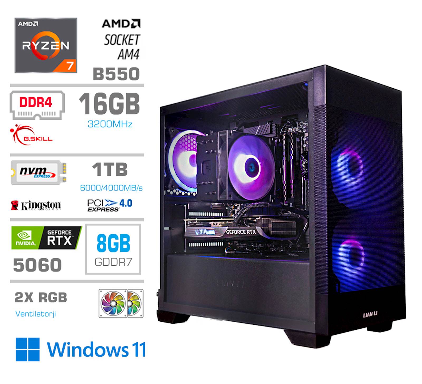 Računalnik PCX Exton R7 5700X 16GB 1TB RTX5060 W11